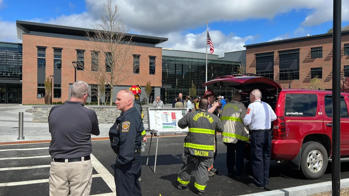 The West Newbury Fire Department, supported by its mutual aid partners, is on the scene of a possible hazardous materials incident at Pentucket Regional Middle High School. (Photo Courtesy West Newbury Fire Department)